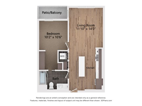 A floor plan of a small apartment with a bedroom, bathroom, kitchen, living room and a patio.
